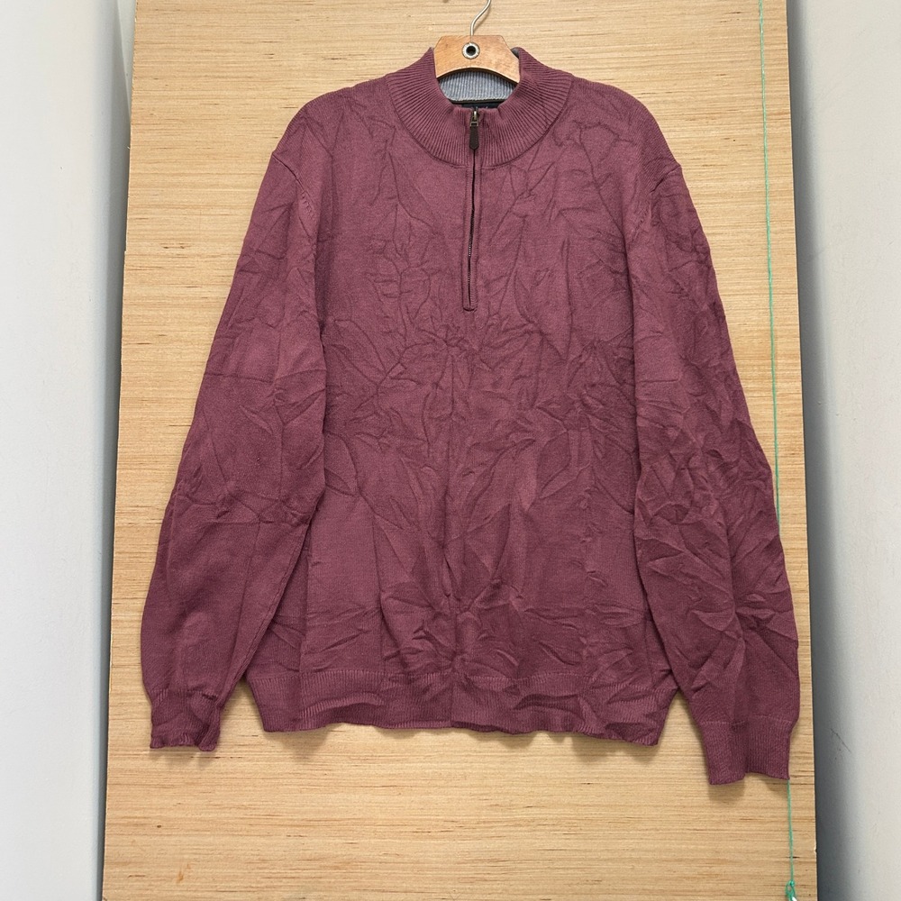 Magaschoni Mens XL Burgundy Jacquard Leaf Quarter Zip Mock Neck Pullover Sweater